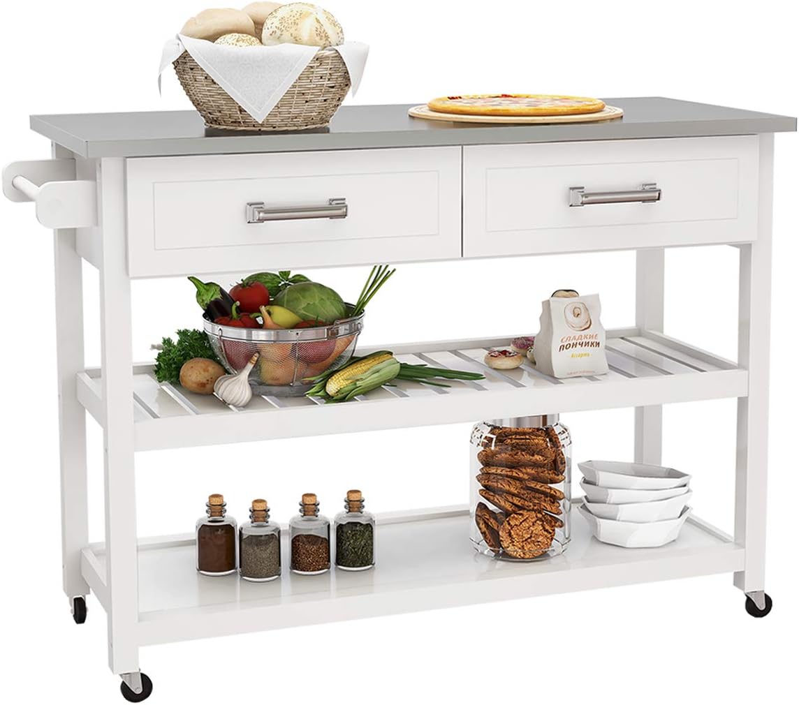 White Kitchen Cart with Stainless Steel Top T6113