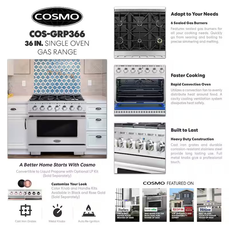 36 in. Gas Range with 6 Burners and Cast Iron Grates in Stainless Steel J681