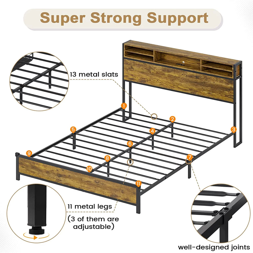 Queen RGB Led Light Metal Platform Bed with Storage Headboard X407077
