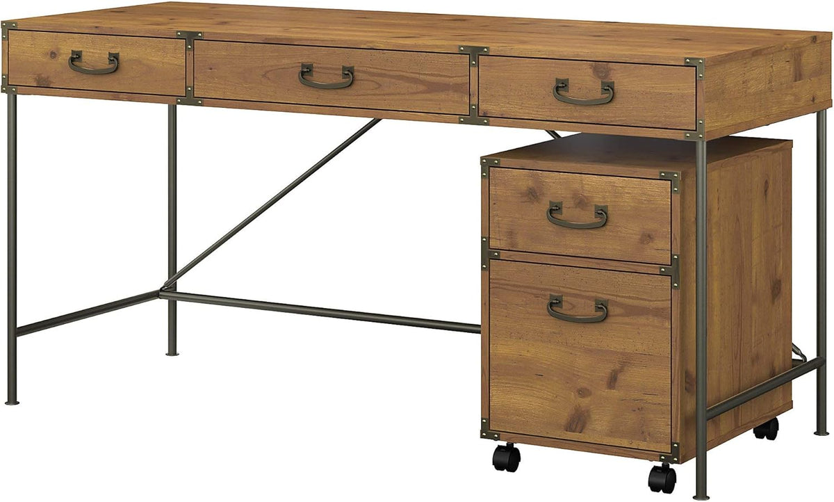Vintage Golden Pine Writing Desk with 2 Drawer File Cabinet J6755