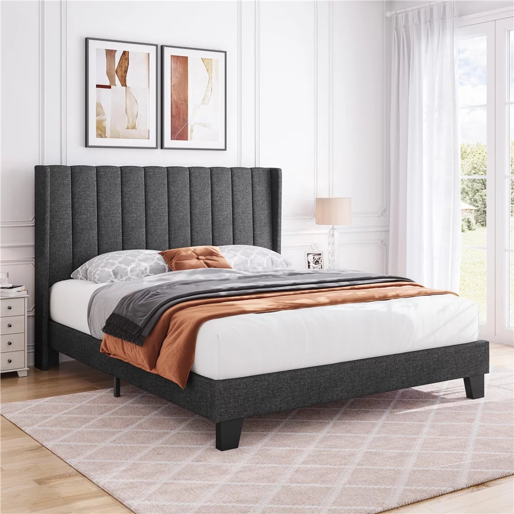 Queen Platform Bed with Upholstered Headboard, Navy Blue J3297