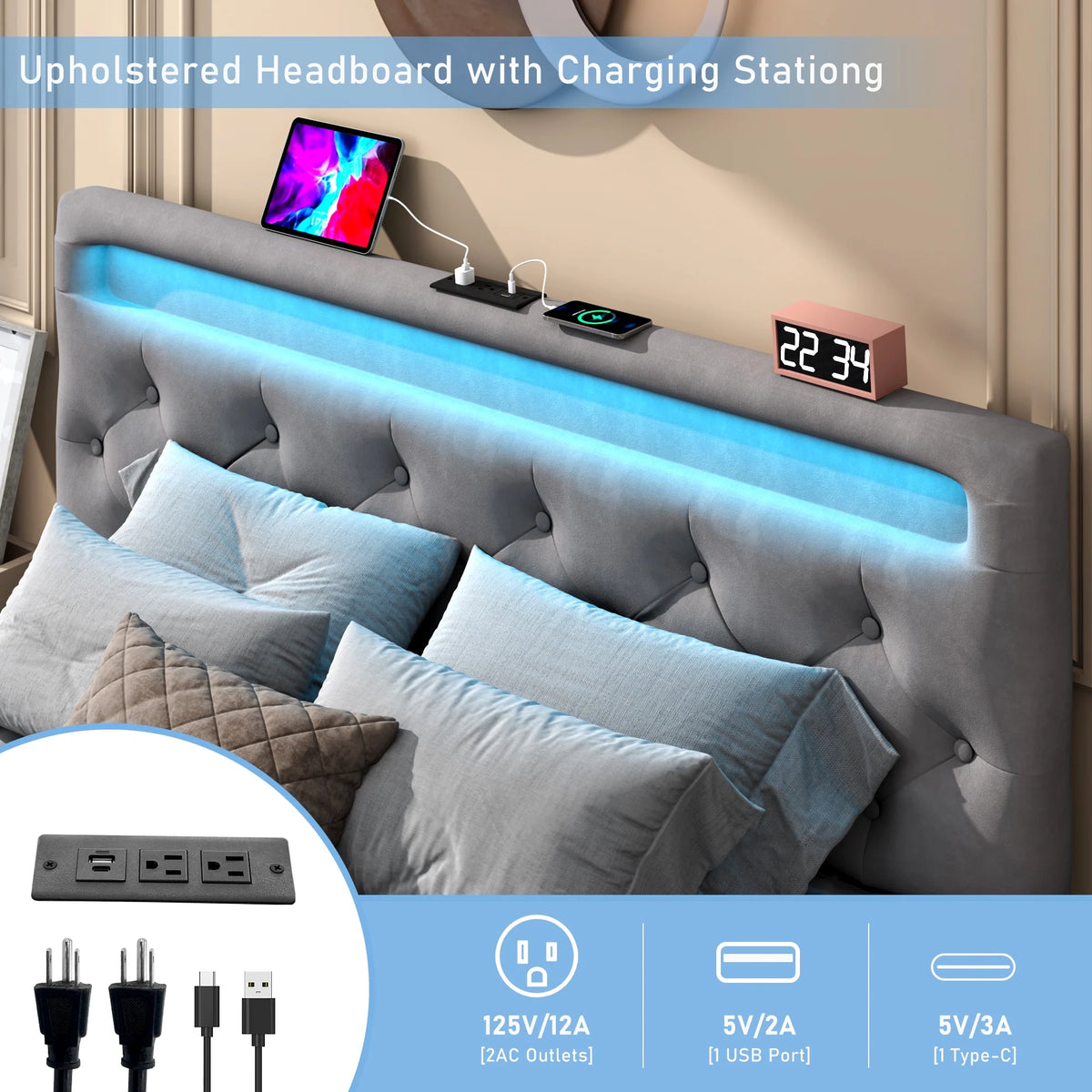Queen Lift Up Velvet Storage Bed with LED Light & Power Outlets P986
