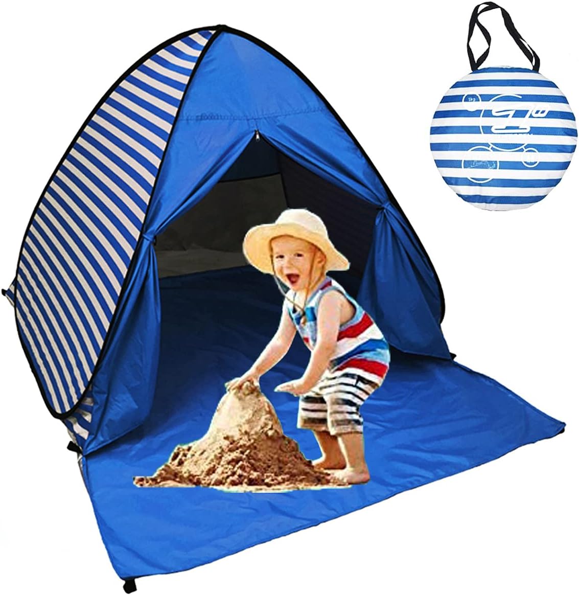 Pop Up Beach Tent Sun Shelter UPF 50+ 2-3 Person Dark Blue Stripes C3063