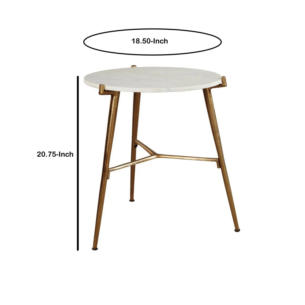Round Marble Top Accent Table with Angled Metal Legs Gold and White M7224
