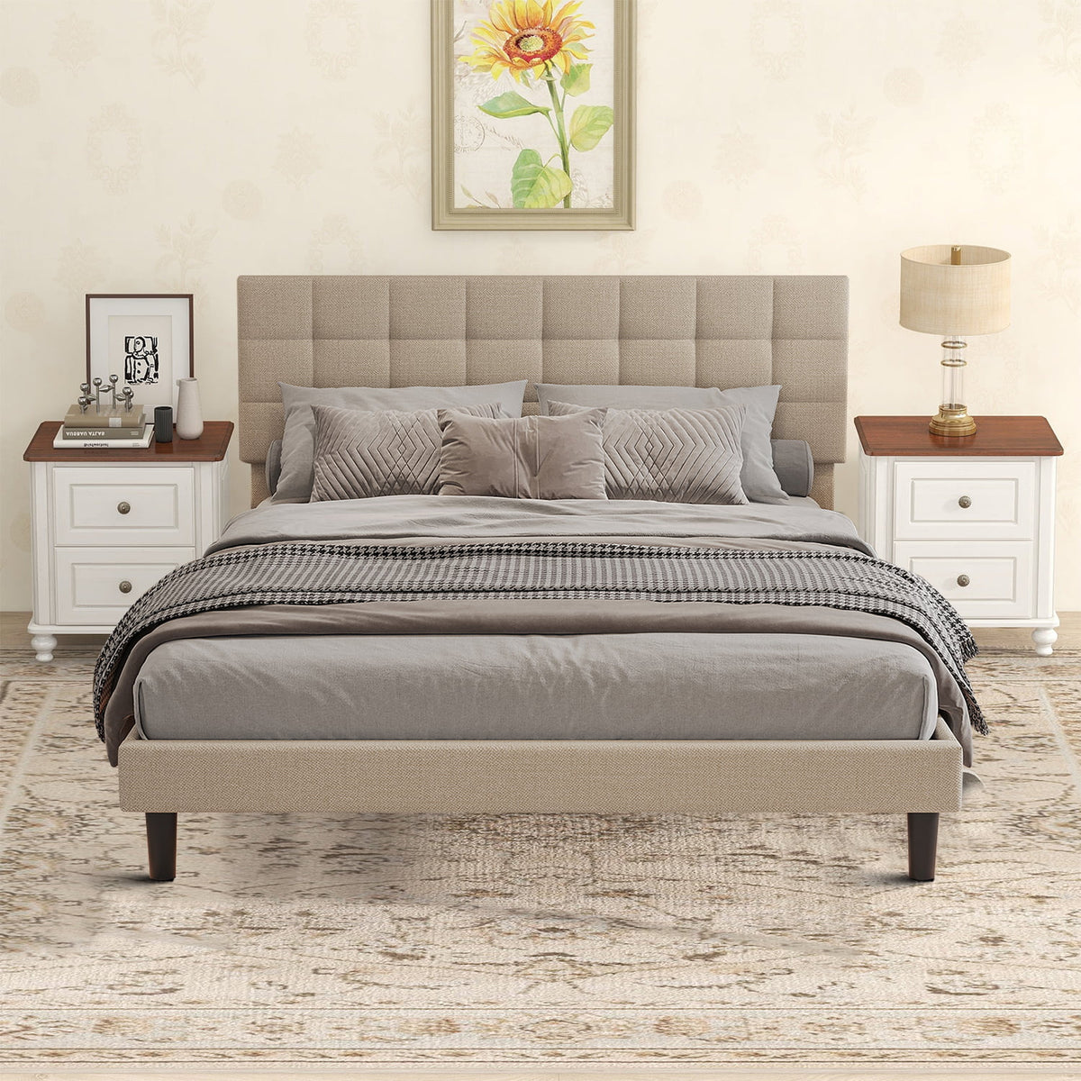 Linen Fabric Queen Size Upholstered Platform Bed with Adjustable Headboard F62966