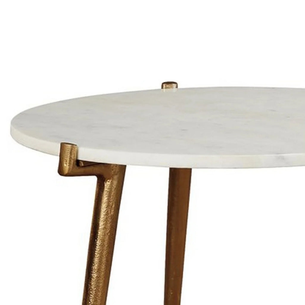 Round Marble Top Accent Table with Angled Metal Legs Gold and White M7224