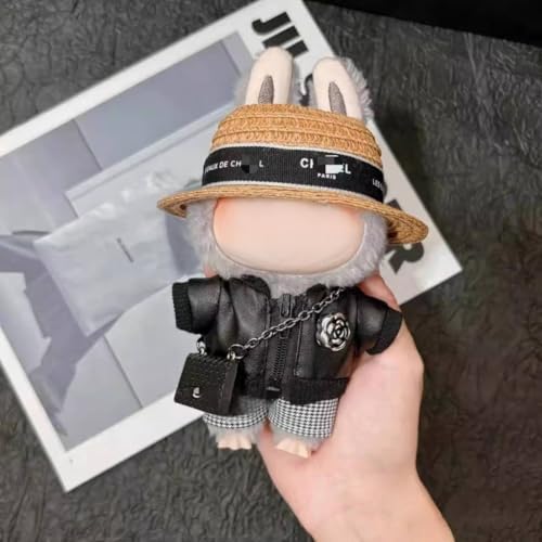 17cm Doll 4-Piece Straw Hat PU Leather Jacket Houndstooth Shorts Outfit J77912