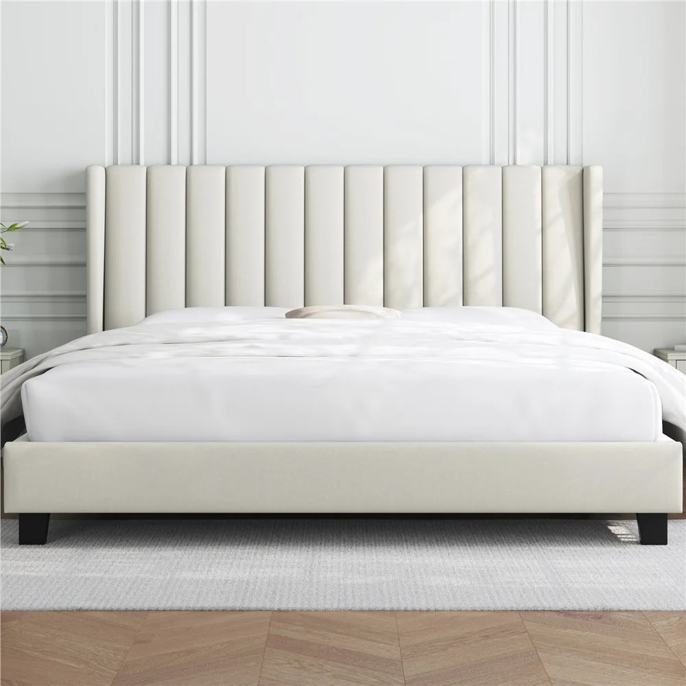 Queen Platform Bed with Upholstered Headboard, Navy Blue J3297
