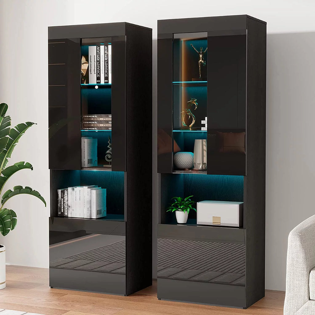 Black 2 Piece Wood Bookcase Storage Cabinet with Glass Shelves M326