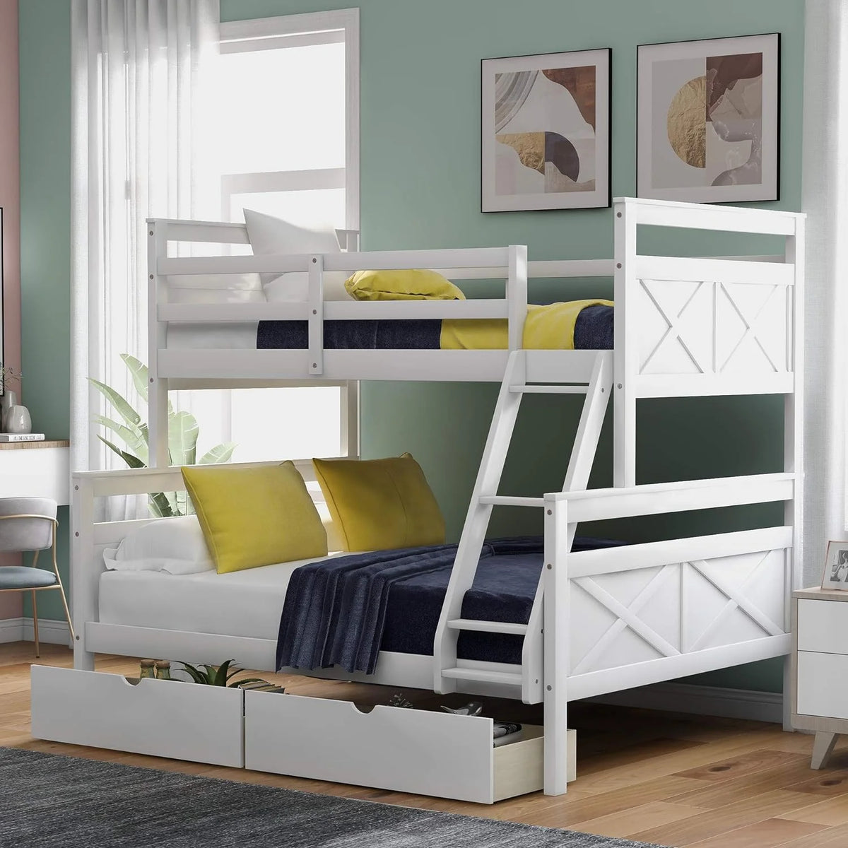 White Wooden Bunk Bed with 2 Storage Drawers and Ladder D4502
