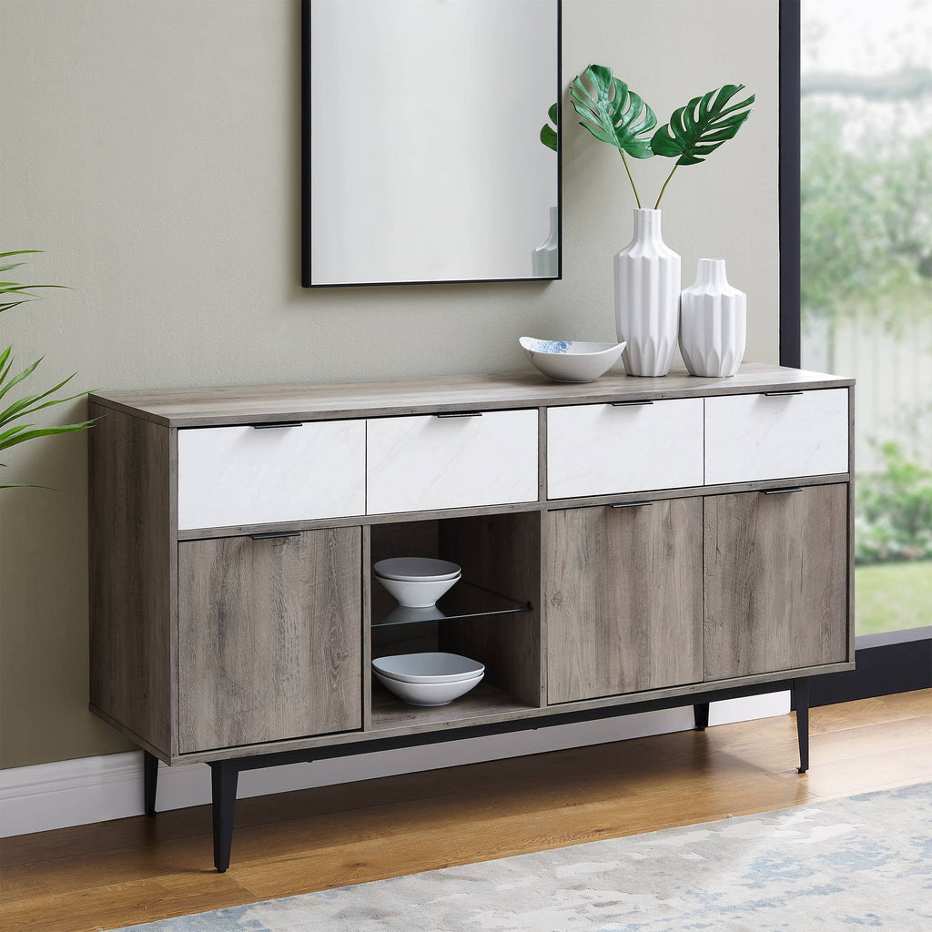 60x22 Asymmetrical 2 Drawer Sideboard Faux White Marble Gray Wash Z662