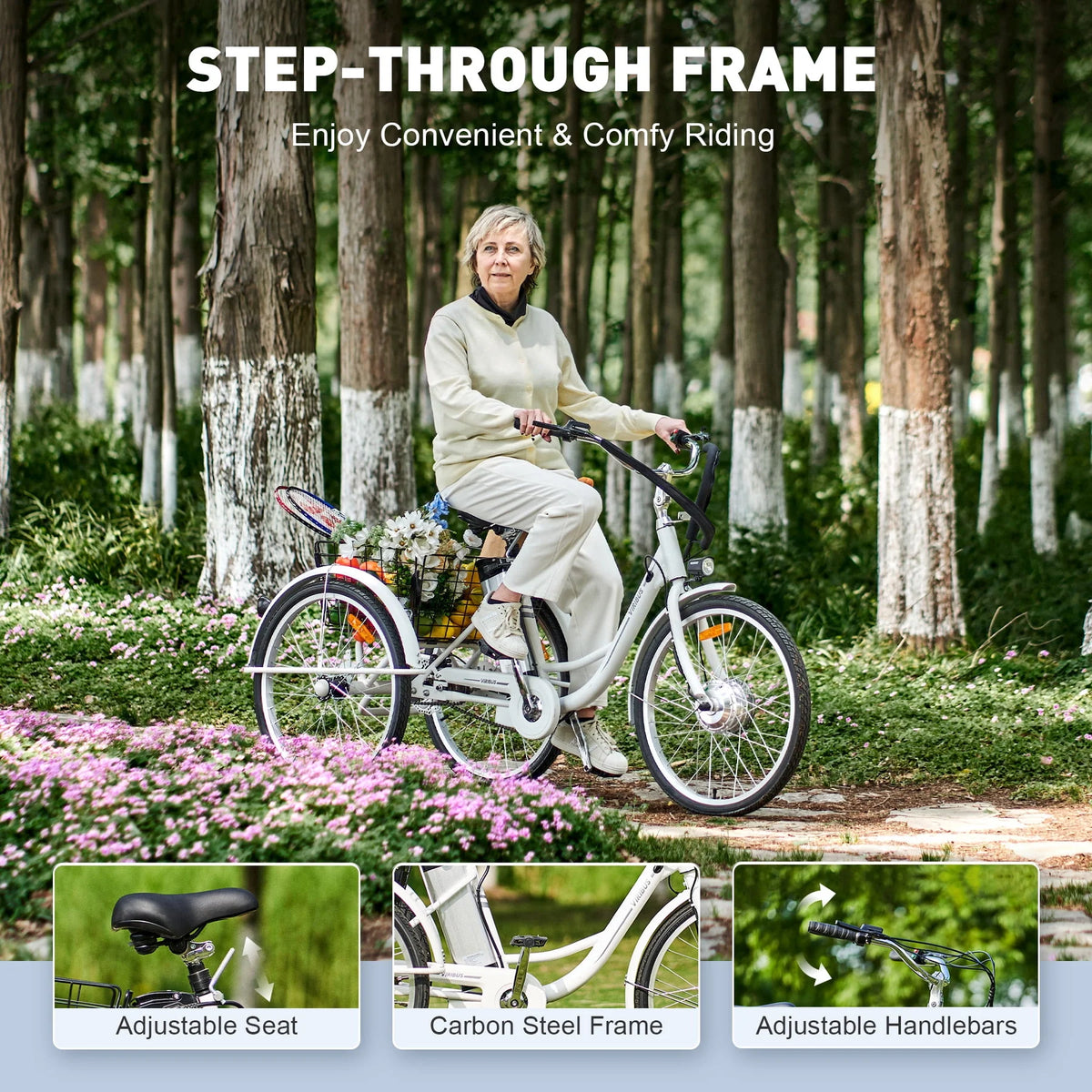 Electric Tricycle 350W Cruiser Tricycle with Basket 36V 10Ah Navy K60400
