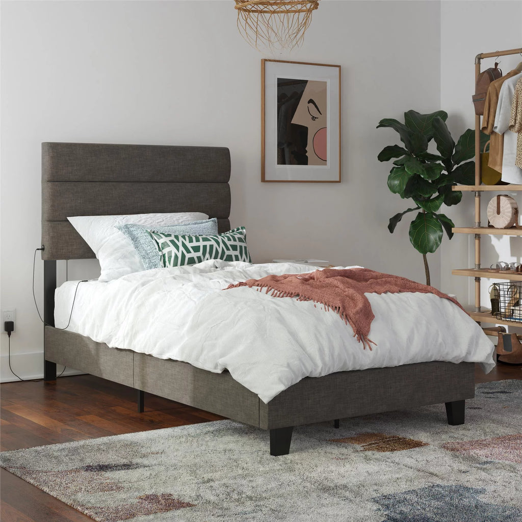 Dark Gray Linen Upholstered Bed with USB Port J856