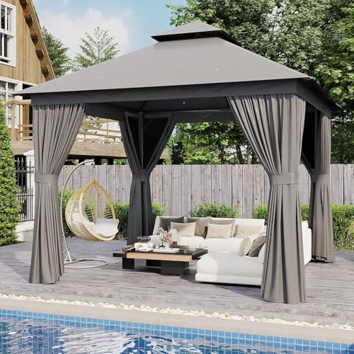 10x12 Metal Gazebo with Mosquito Netting and Privacy Screen I162