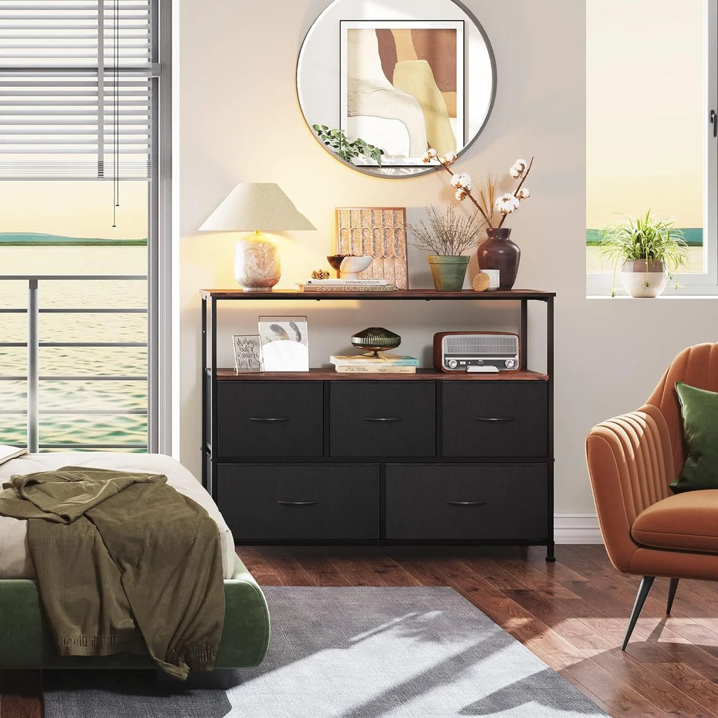 Black and Rustic Brown TV Stand with Fabric Drawers R725314