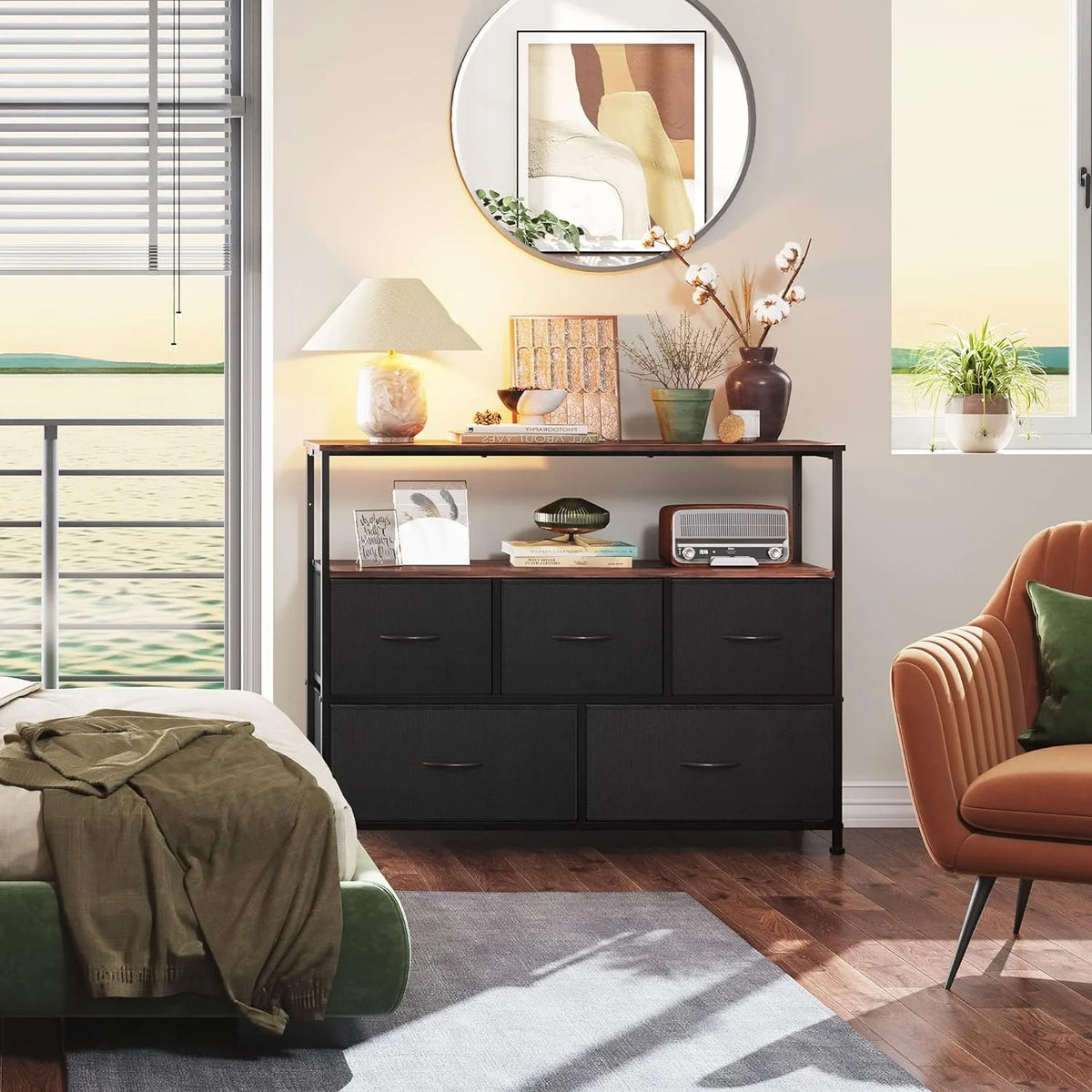 Black and Rustic Brown TV Stand with Fabric Drawers R725314