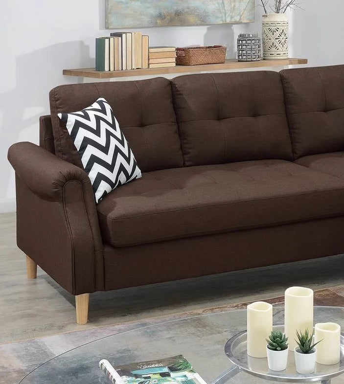 Modern Compact Reversible Sectional Sofa Set Linen Like Fabric Dark Coffee Cushion Couch I44601