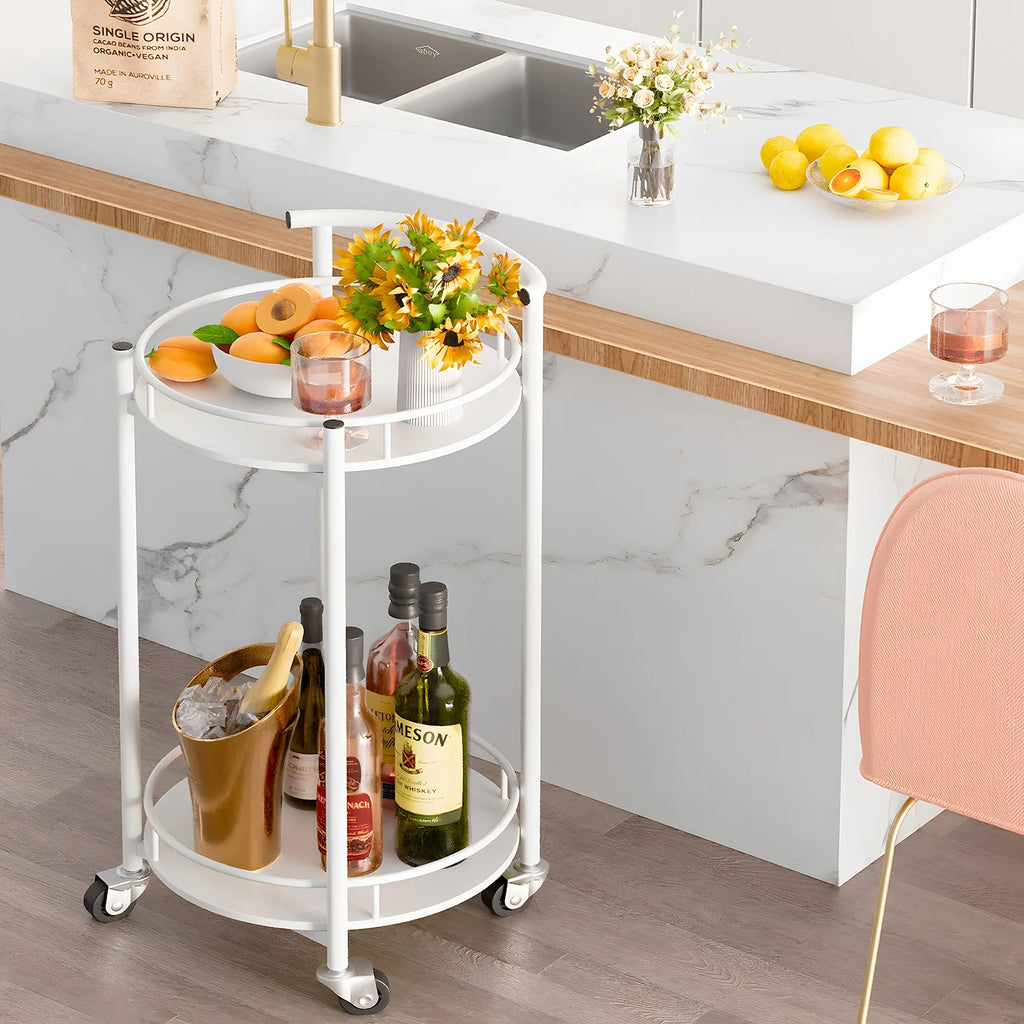 White 2 Tiers Rolling Metal Bar Cart with Handle E443