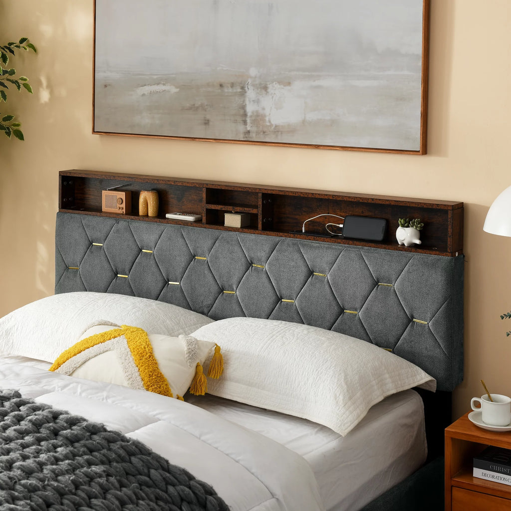 Queen Size Upholstered Platform Bed with Shelf X474