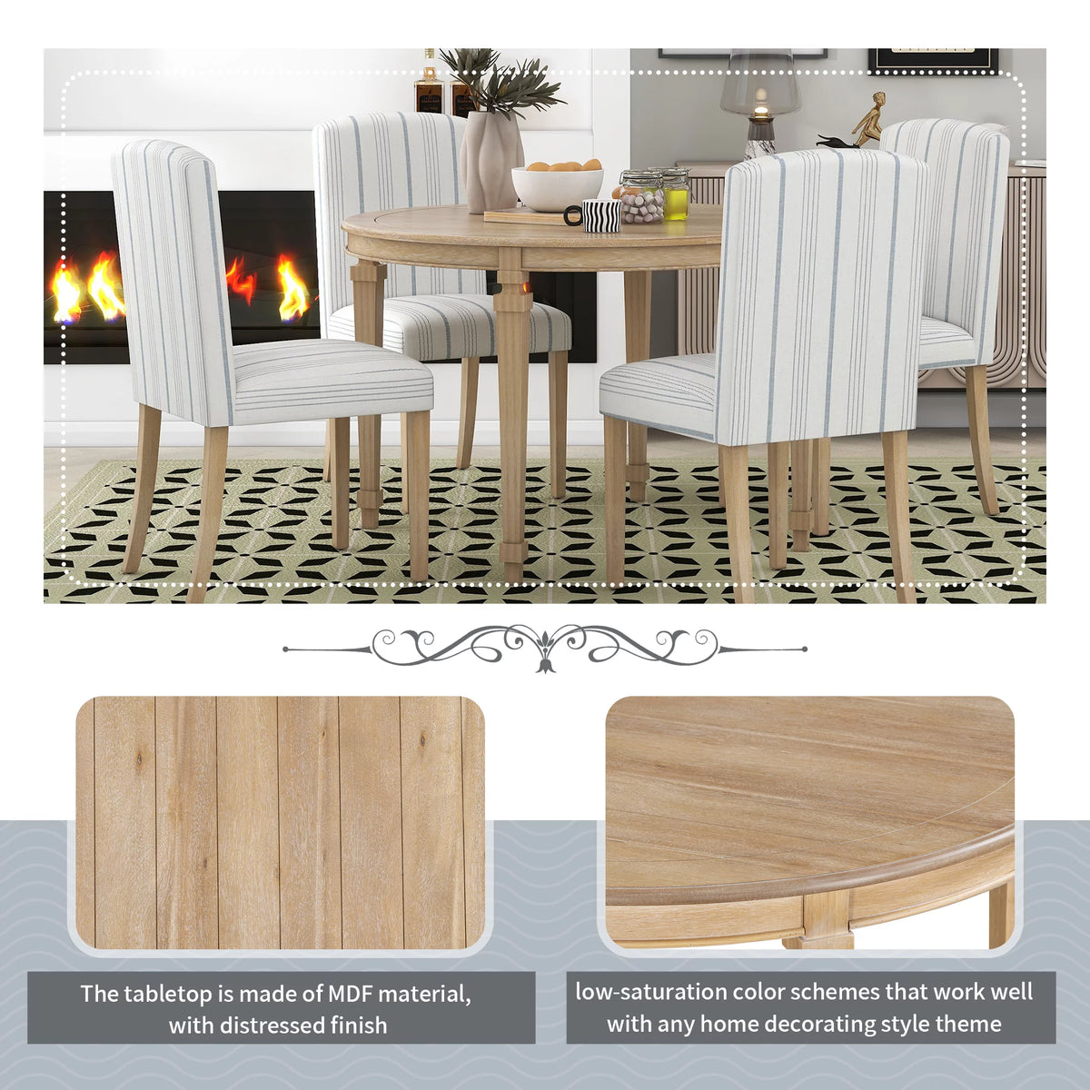 Round Dining Table Set for 4, 5-Piece Solid Wood P7671