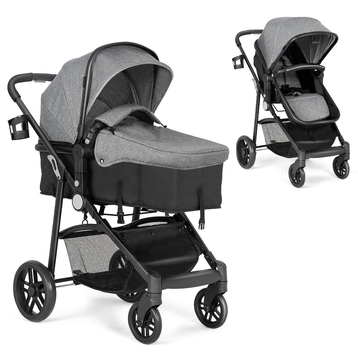 2 in 1 Convertible Bassinet Stroller with Cup Holder (Black) C1884
