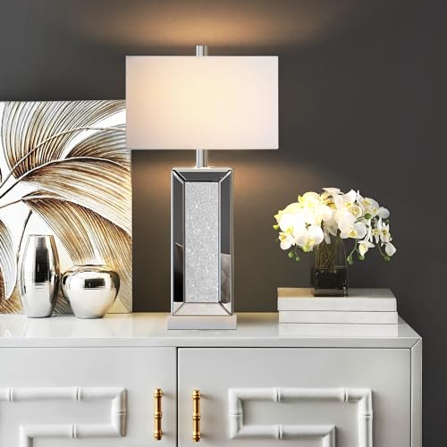 Table Lamp Set of 2 Touch Control Silver Mirror Crystal with USB C+A Ports 3-Way Dimmable White Fabric Shade B3161