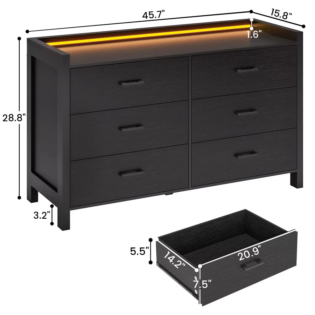 Black 6 Drawer Double Dresser with LED Lights F8439