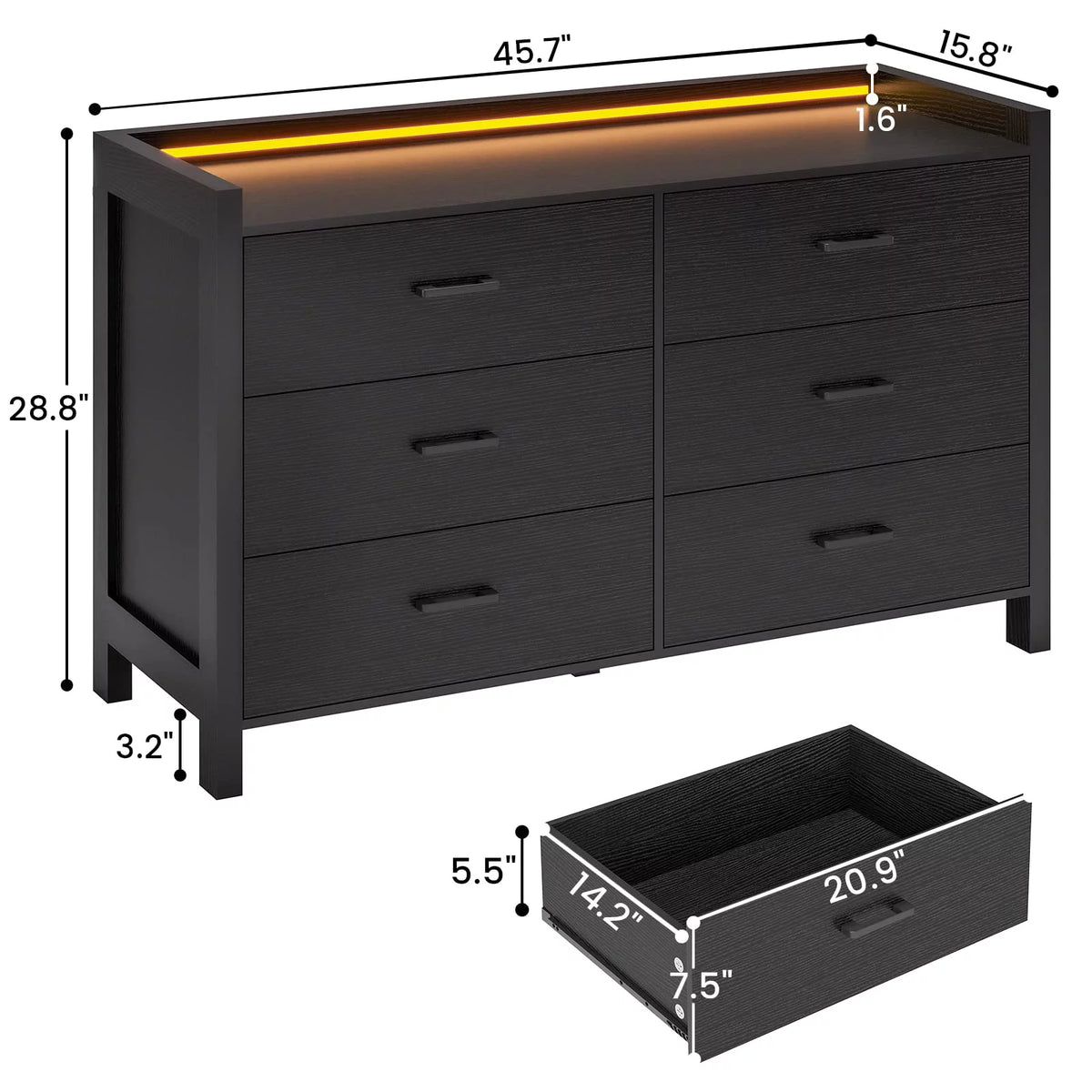 Black 6 Drawer Double Dresser with LED Lights F8439