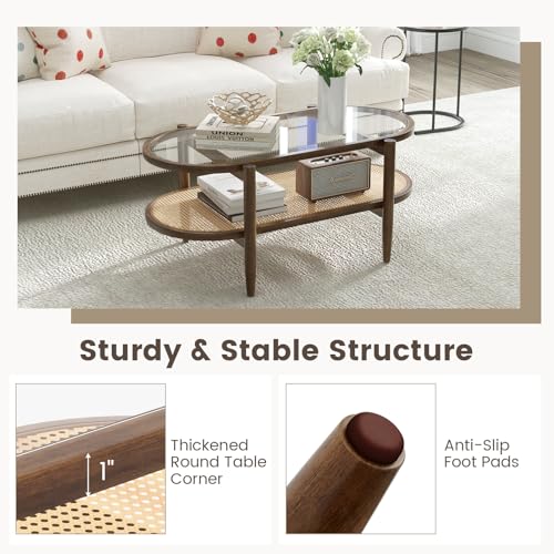 40”L Oval Acacia Wood Rattan Coffee Table with Tempered Glass Tabletop B86328