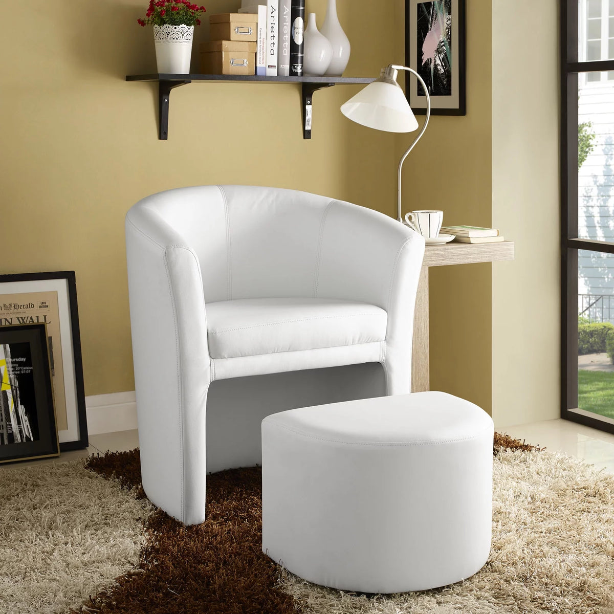 White Faux Leather Armchair and Ottoman Y990996