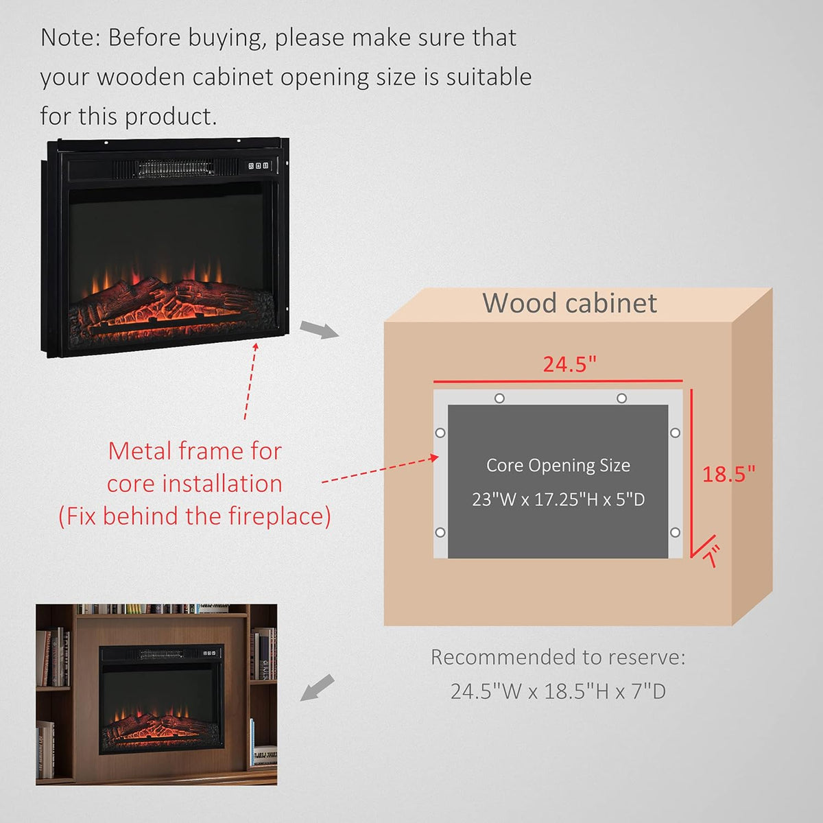 23 Electric Fireplace Insert with Adjustable Brightness, 1400W, Black G198