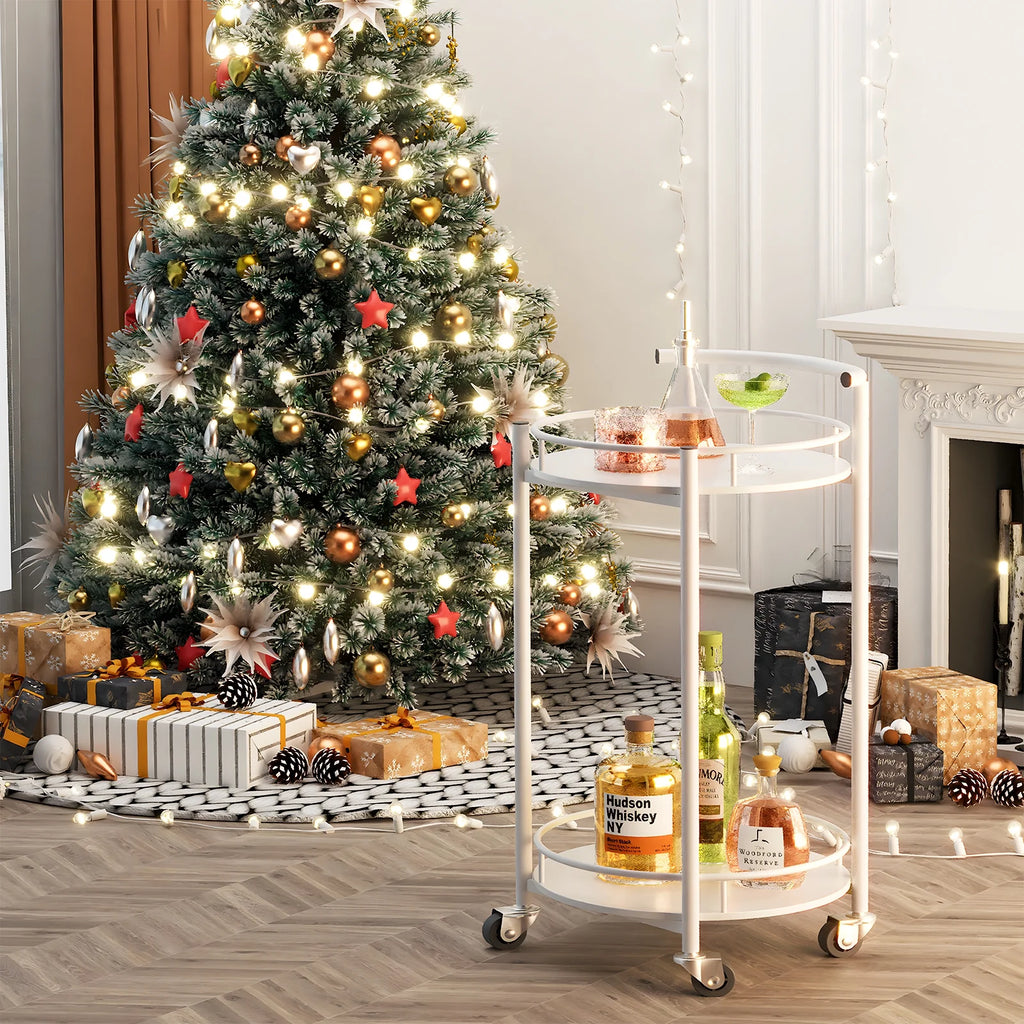 White 2 Tiers Rolling Metal Bar Cart with Handle E443