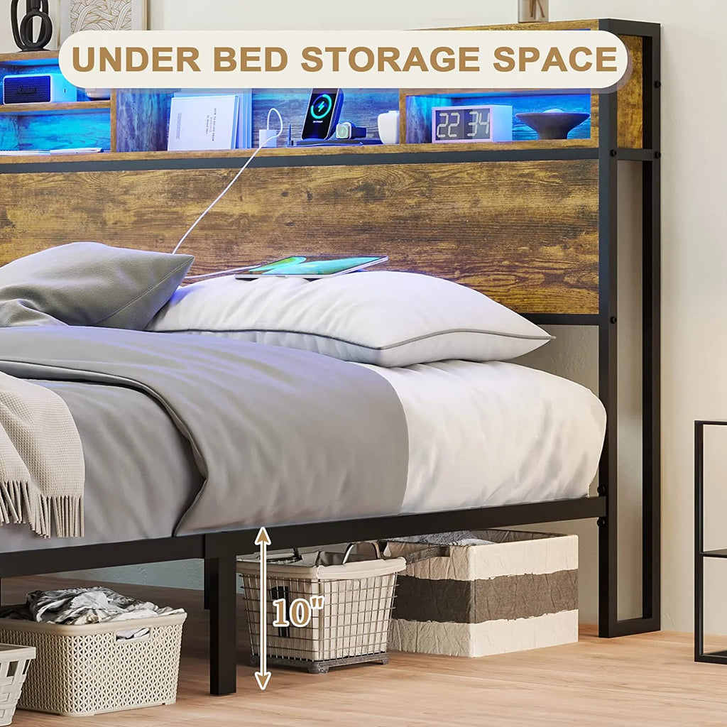 Queen RGB Led Light Metal Platform Bed with Storage Headboard X407077