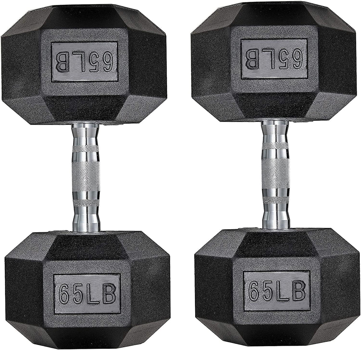 60lbs Pair Black Rubber Coated Cast Iron Hex Dumbbell Set M933837