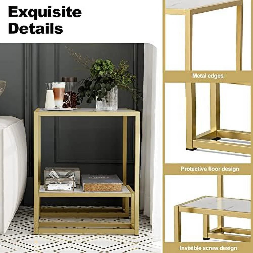 High Gloss Gold 2-Tier Faux Marble Nesting End Table X9066