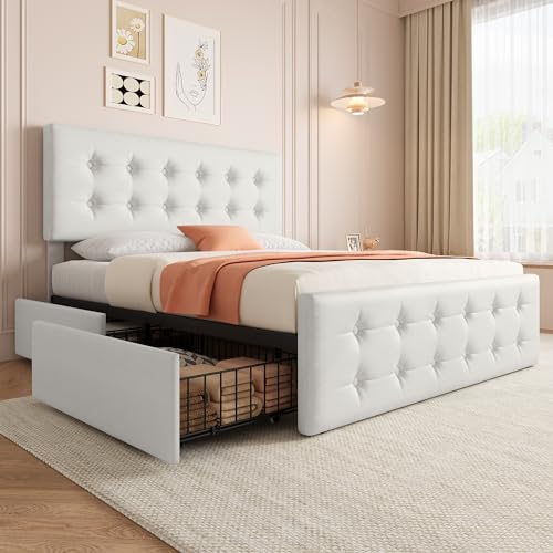 Black Queen Size Faux Leather Upholstered Platform Bed Frame with 4 Storage Drawers and Headboard S140