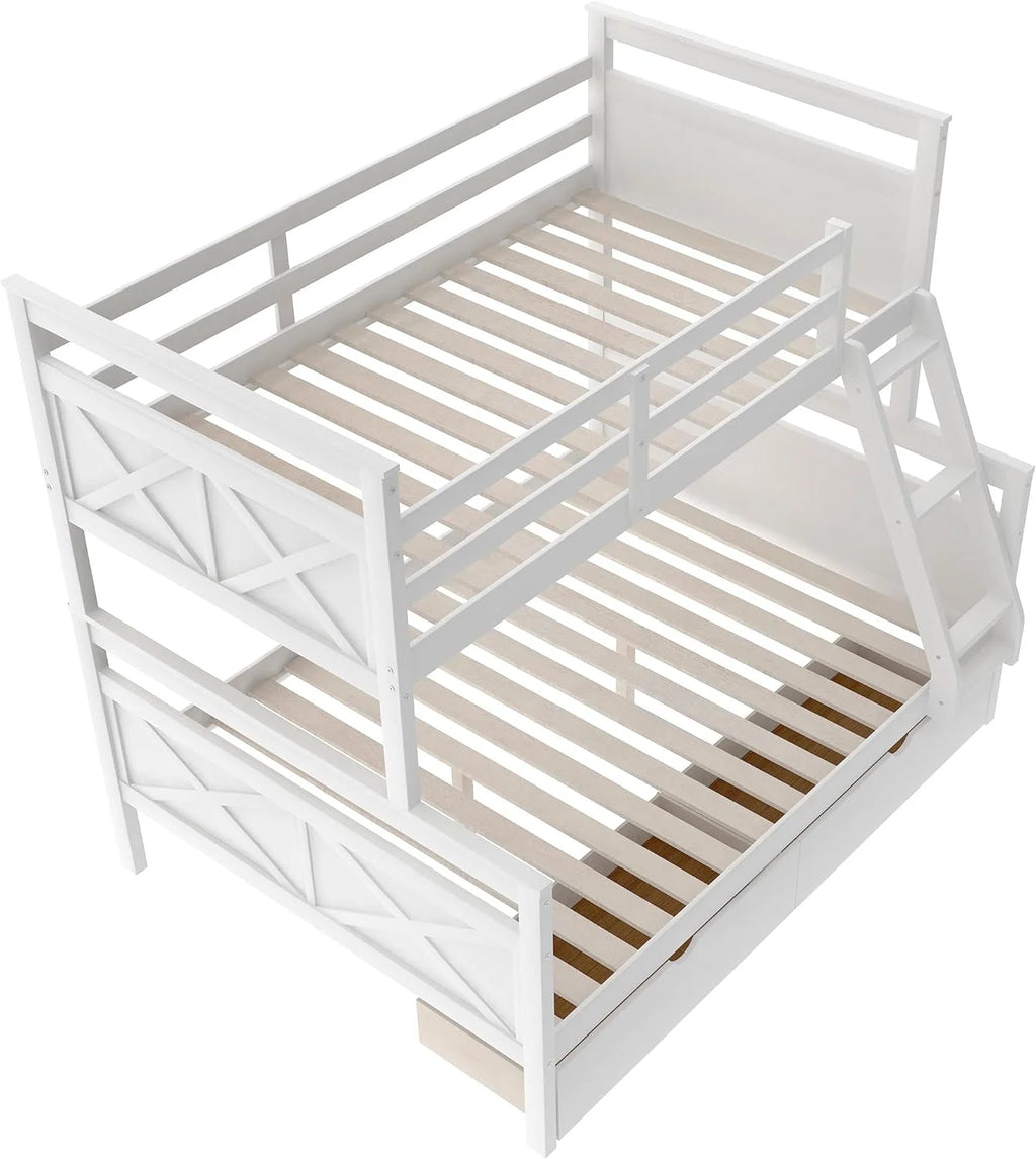 White Wooden Bunk Bed with 2 Storage Drawers and Ladder D4502