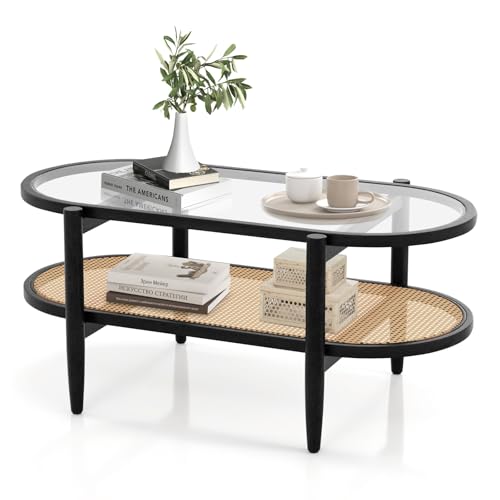 40”L Oval Acacia Wood Rattan Coffee Table with Tempered Glass Tabletop B86328