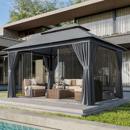 10x12 Metal Gazebo with Mosquito Netting and Privacy Screen I162