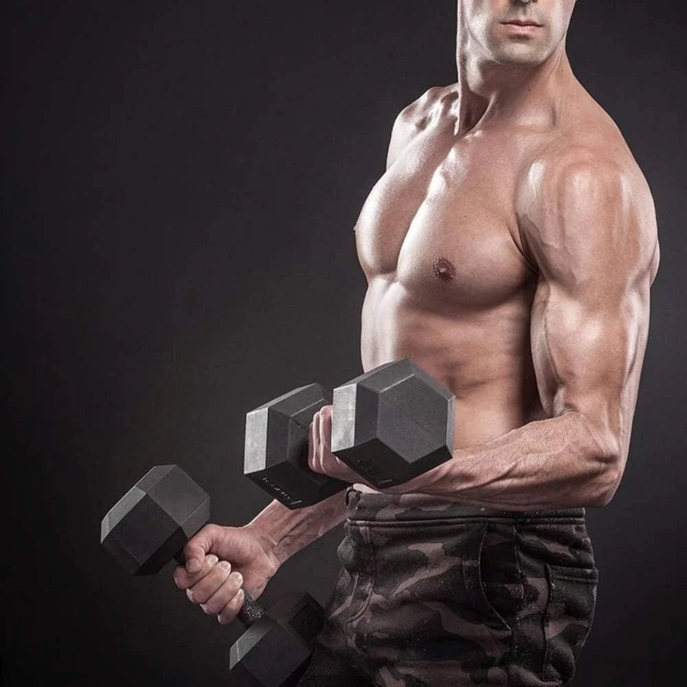 60lbs Pair Black Rubber Coated Cast Iron Hex Dumbbell Set M933837
