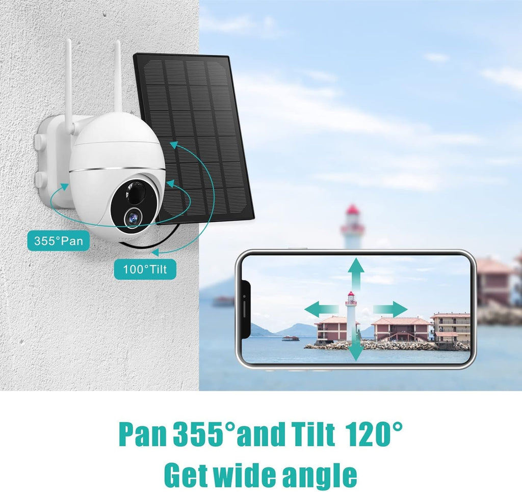 Outdoor Wireless Solar Security Camera, 15000mAh Battery Powered 360° WiFi PTZ Camera with Motion Detection, 2 Way Audio, Night Vision, IP65 Waterproof, SD /Cloud Storage C6555