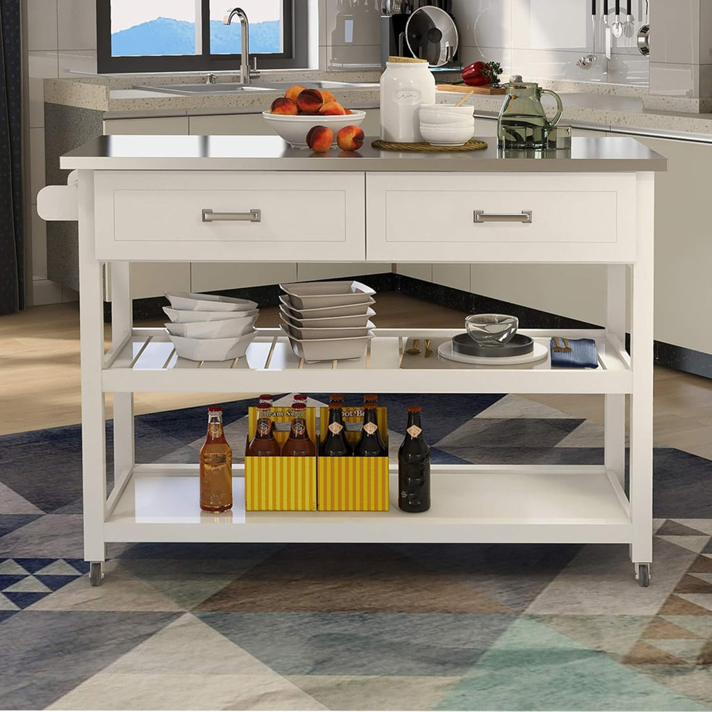 White Kitchen Cart with Stainless Steel Top T6113
