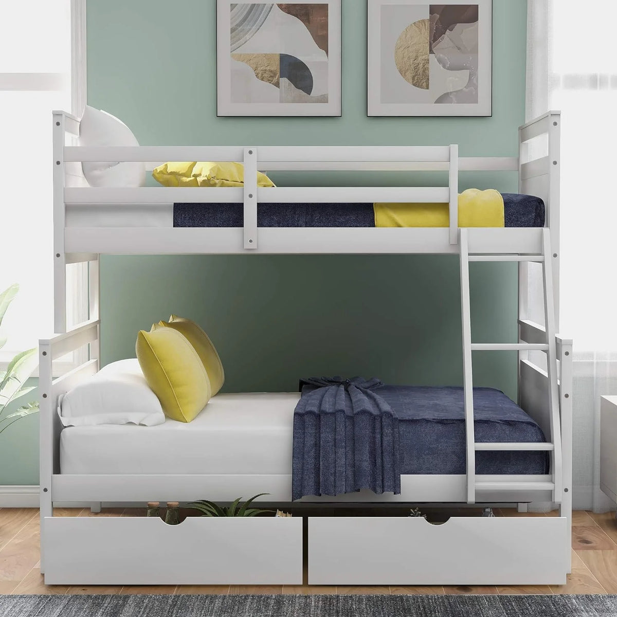 White Wooden Bunk Bed with 2 Storage Drawers and Ladder D4502