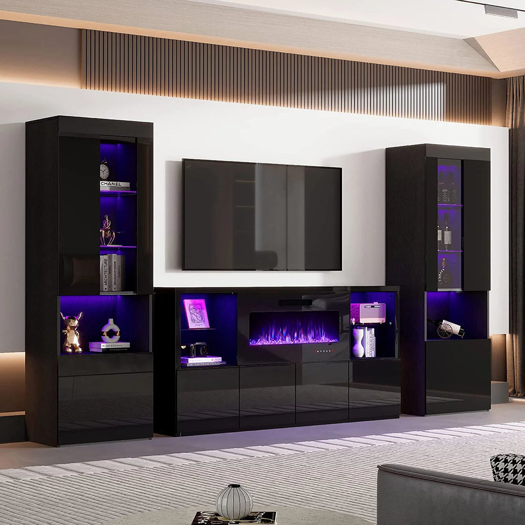 Black 2 Piece Wood Bookcase Storage Cabinet with Glass Shelves M326