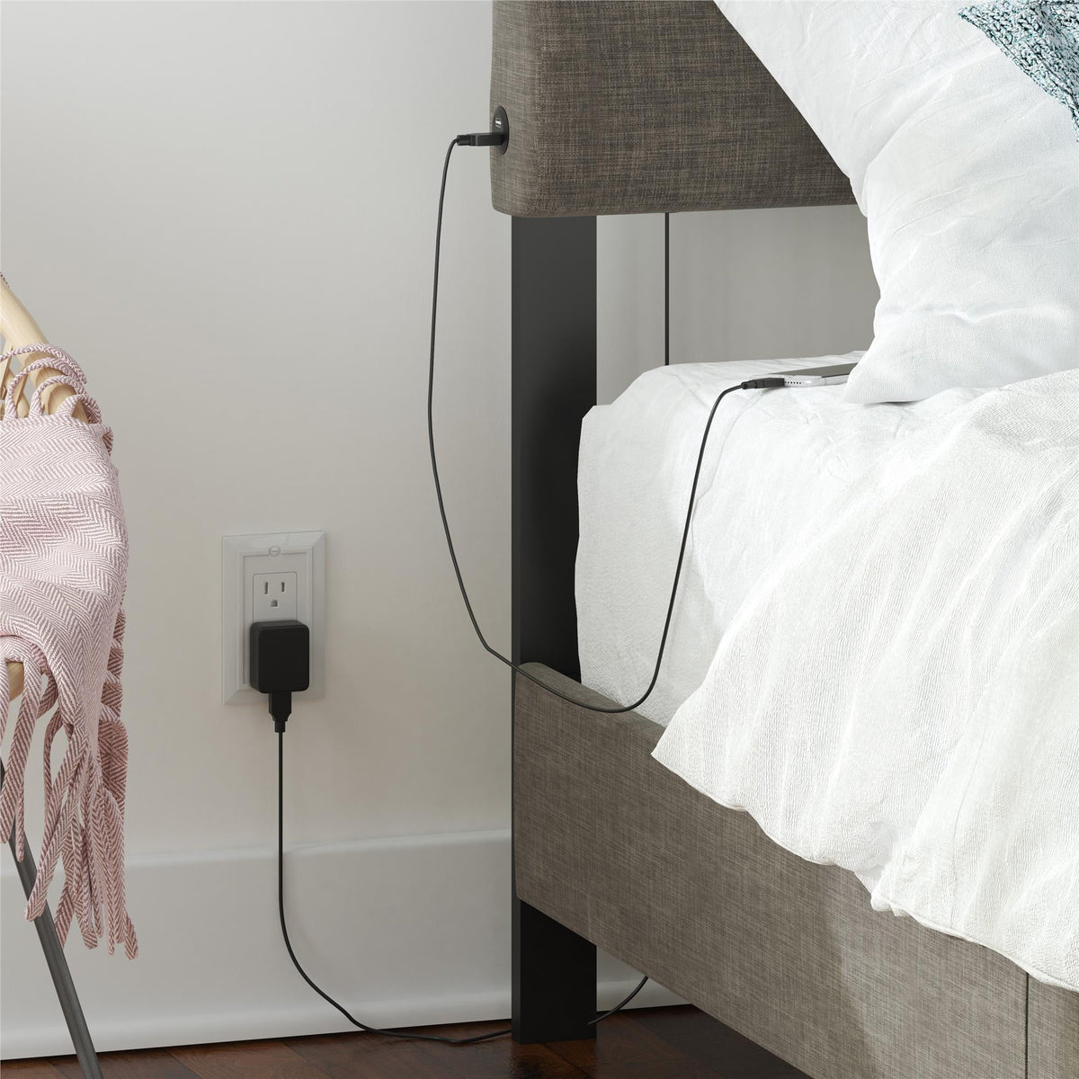 Dark Gray Linen Upholstered Bed with USB Port J856