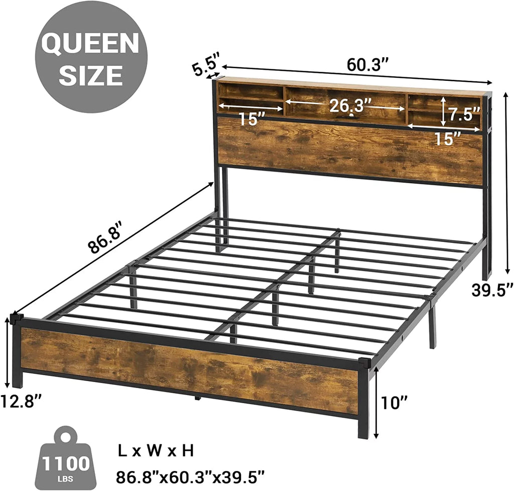 Queen RGB Led Light Metal Platform Bed with Storage Headboard X407077