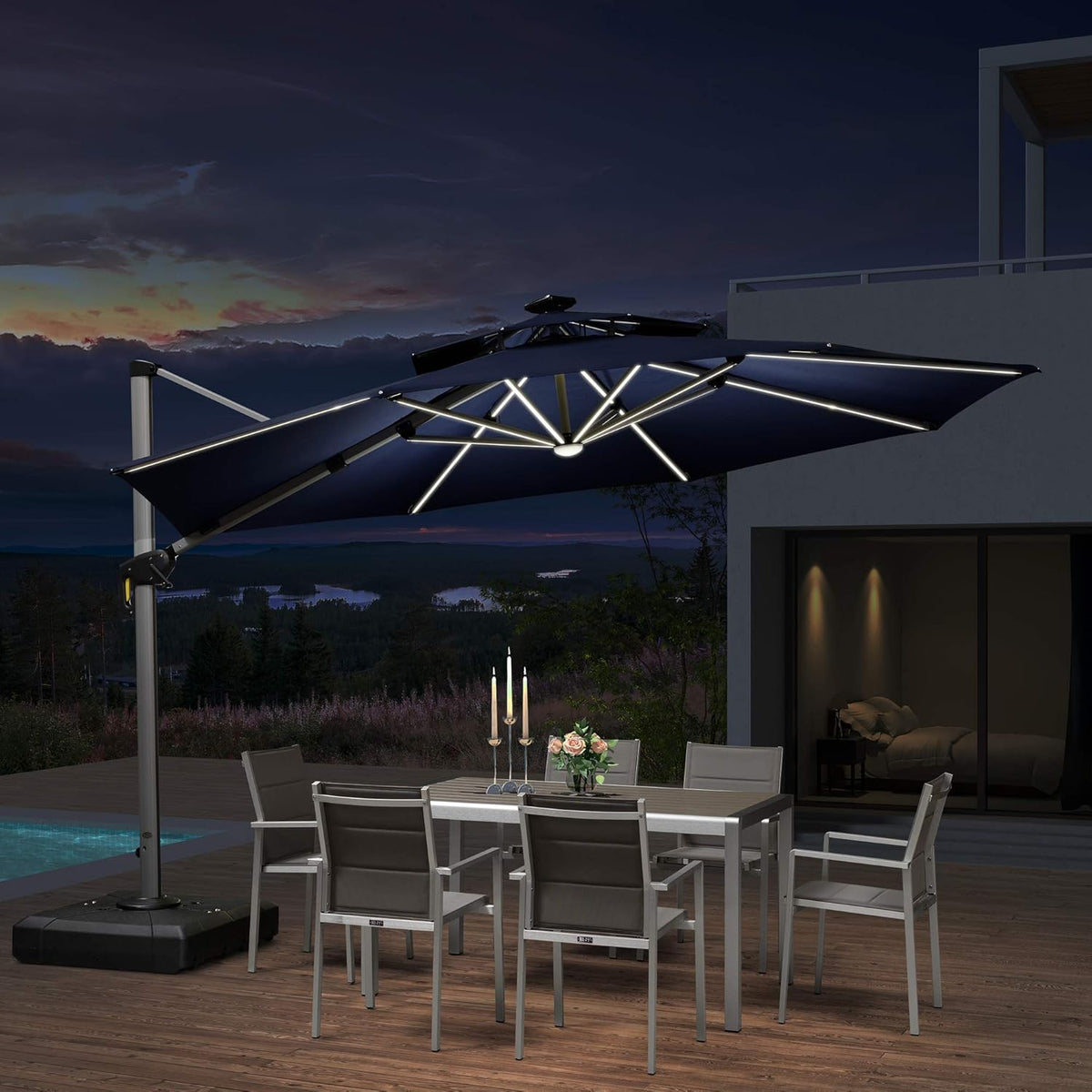 11ft Solar Powered LED Patio Umbrella Navy Blue F402