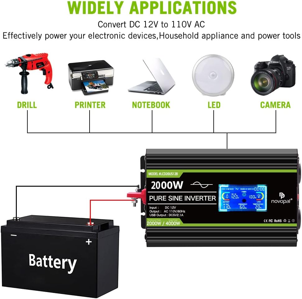 2000 Watt Pure Sine Wave Power Inverter 12V DC to 110V/120V AC Converter J35863