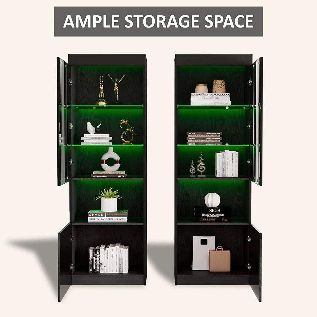 Black 2 Piece Wood Bookcase Storage Cabinet with Glass Shelves M326