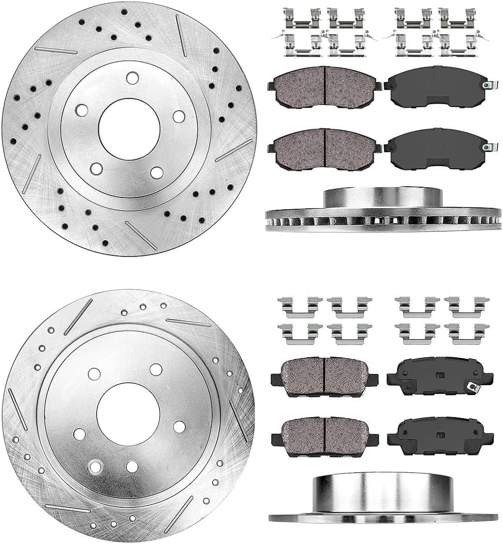296mm Front + 291.3mm Rear 5 Lug Rotors + Ceramic Brake Pads + Clips B6057